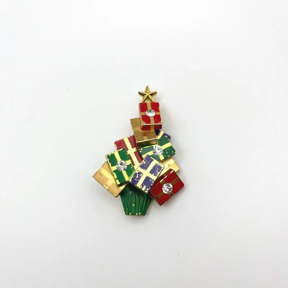 Vintage Christmas Tree Brooch Gold Tone Enamel Present Stack‎ Rhinestone Pin